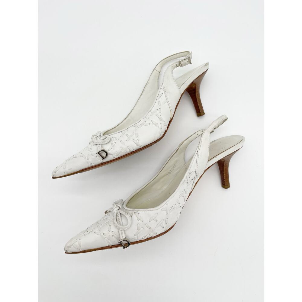 Dior Vintage White Whipstitched Bow CD Charm Pointed Toe Kitten Heels EU 36.5 - Picture 5 of 16